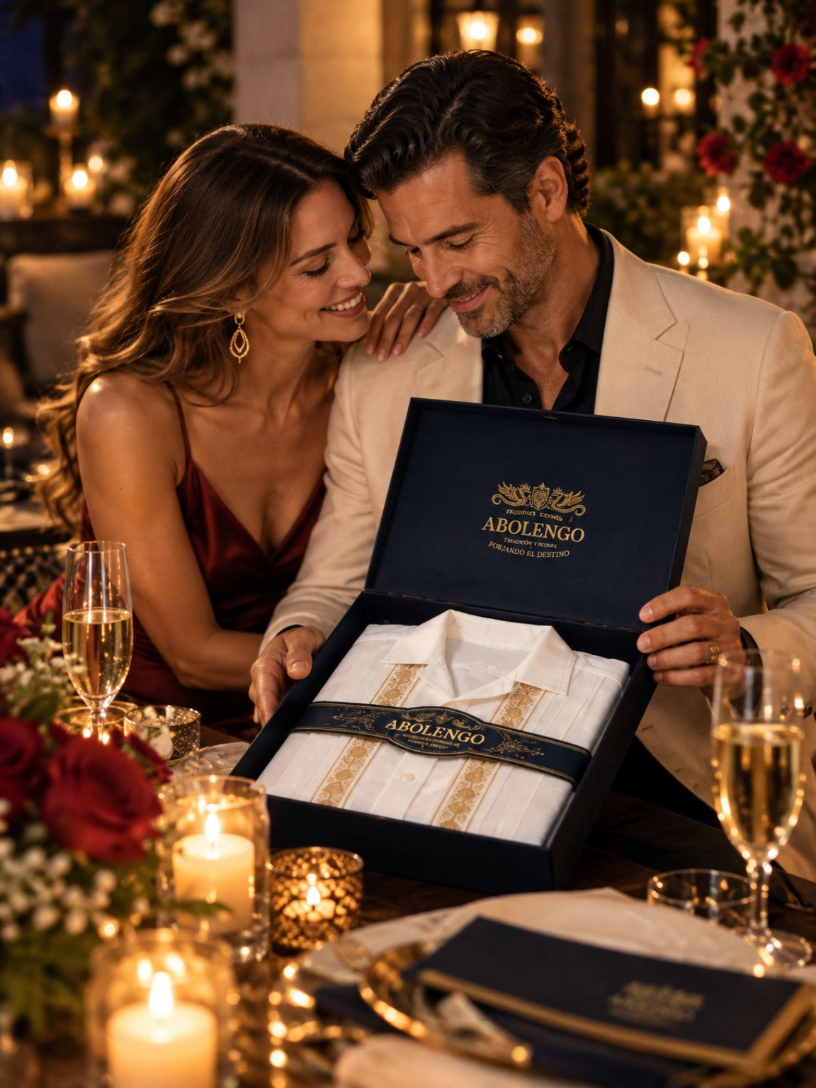 Pareja celebrando un aniversario con guayabera ABOLENGO en caja premium